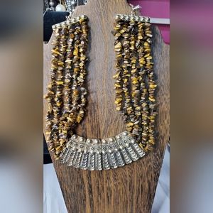 MACY'S Vintage Tiger Eye Chip Stone and Bronze Necklace